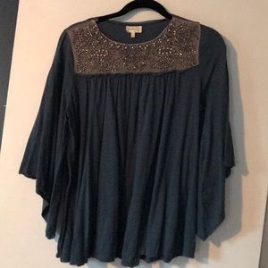 Blue flowy top, bell sleeves
